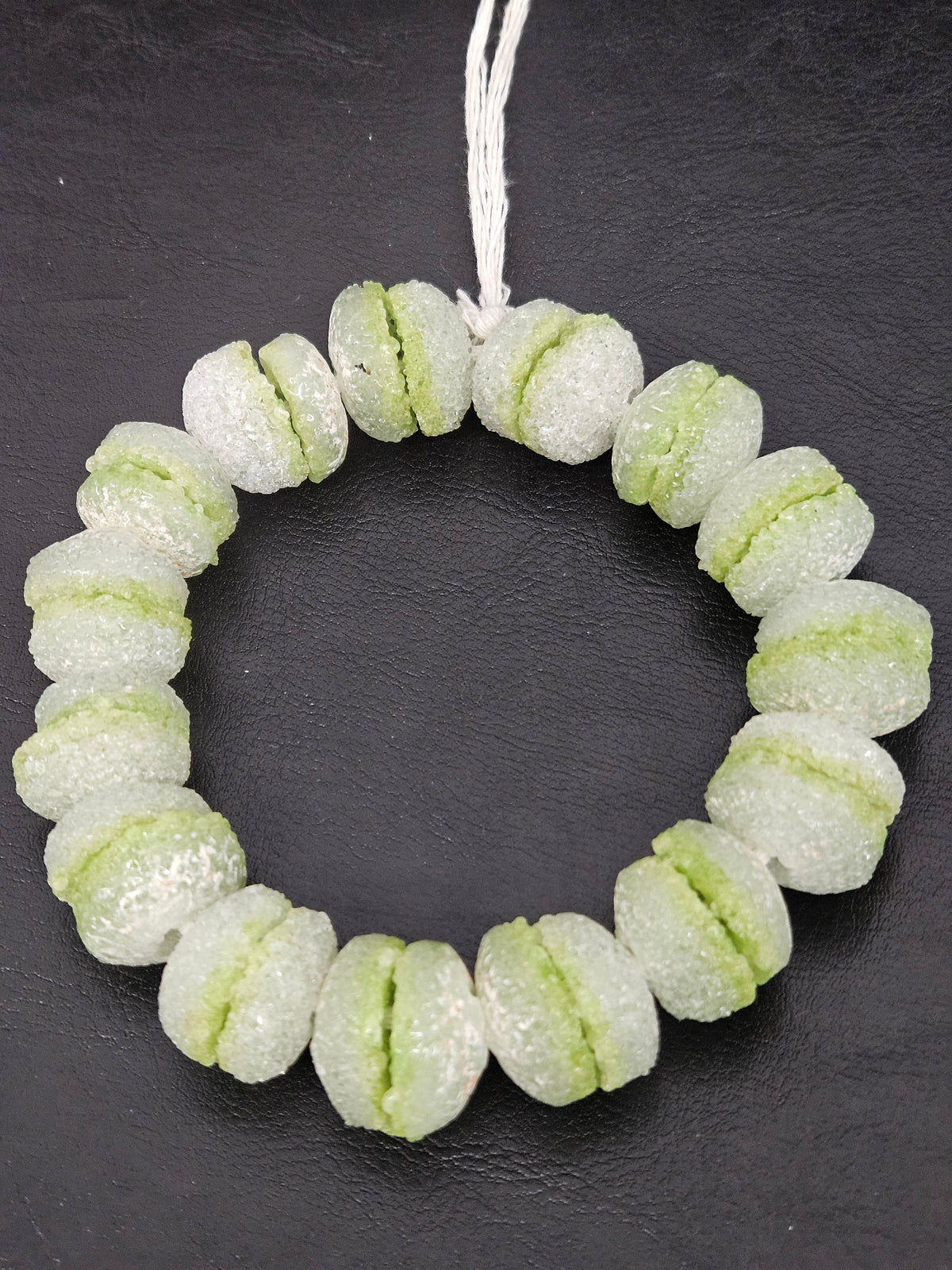 Lime Green & White Krobo Sugar Glass Rondelle Beads | Handcrafted Recycled Glass Beads from Ghana | Approx. 30 Beads Per Strand