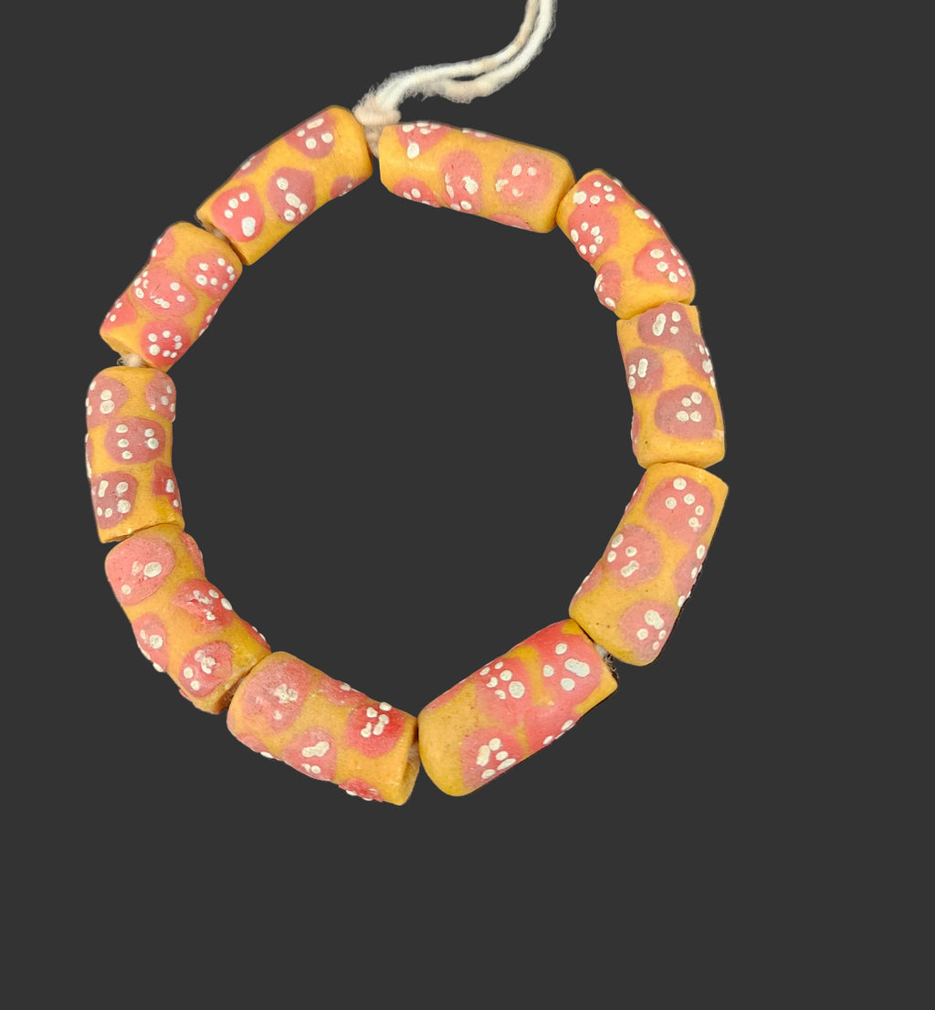 African Glass Beads – Painted Krobo Long Tubes, Gold & Coral Ghana Beads