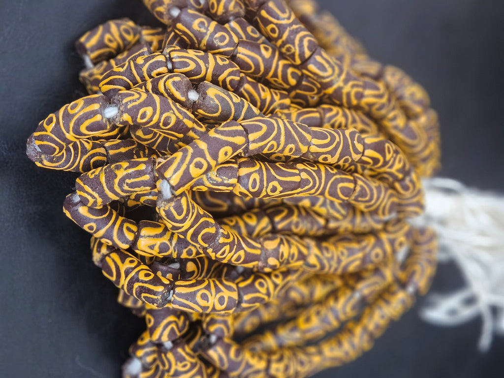 Handcrafted Krobo Painted Glass Tube Beads – Espresso Brown & Golden Ochre | Ghana Recycled Glass | Approx. 10 Beads