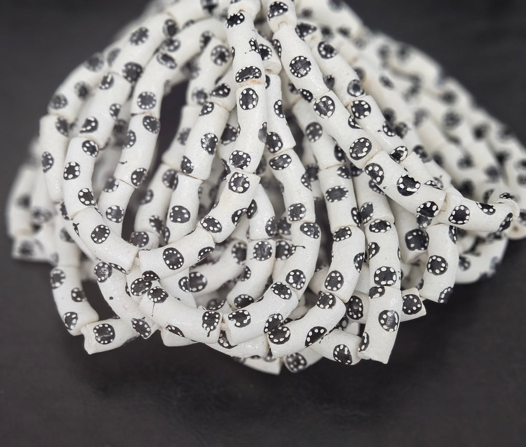Ivory White Krobo Painted Glass Tube Beads with Ebony Black Medallion Motifs