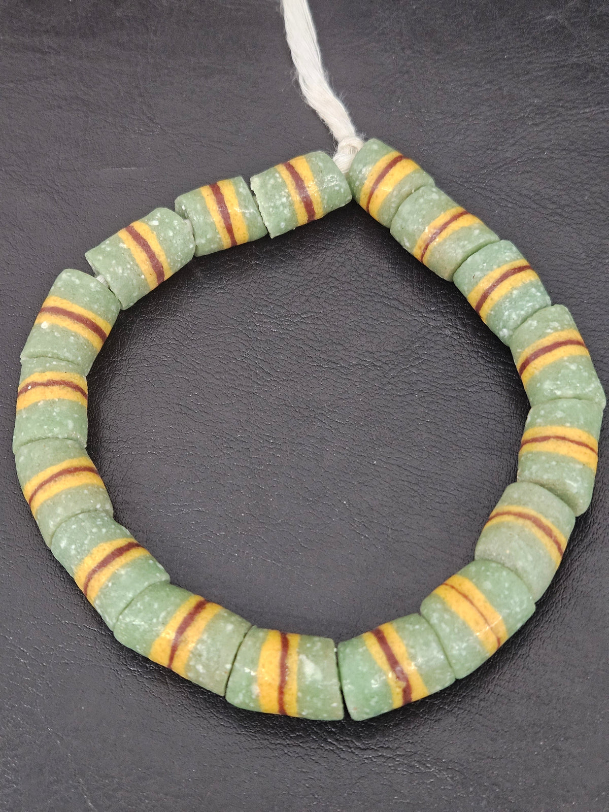 Green Striped Krobo Kente Glass Beads | Handcrafted Powdered Glass Beads from Ghana | Approx. 17 Beads