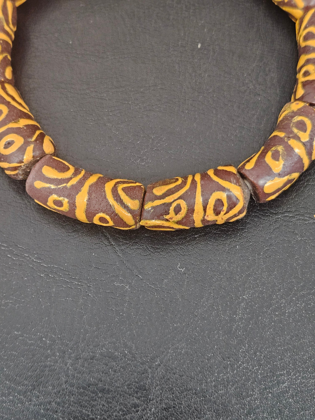 Krobo Painted Glass Tube Beads, Espresso Brown & Golden Ochre, Handmade Recycled Glass Beads from Ghana