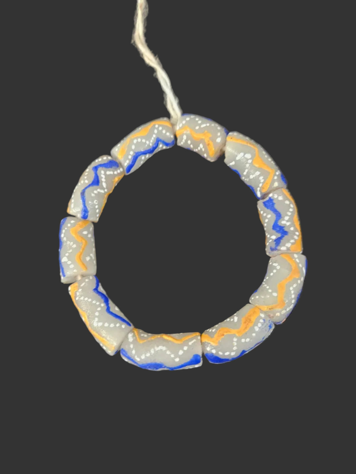 African Glass Beads – Painted Krobo Long Tubes, Gray Blue & Gold
