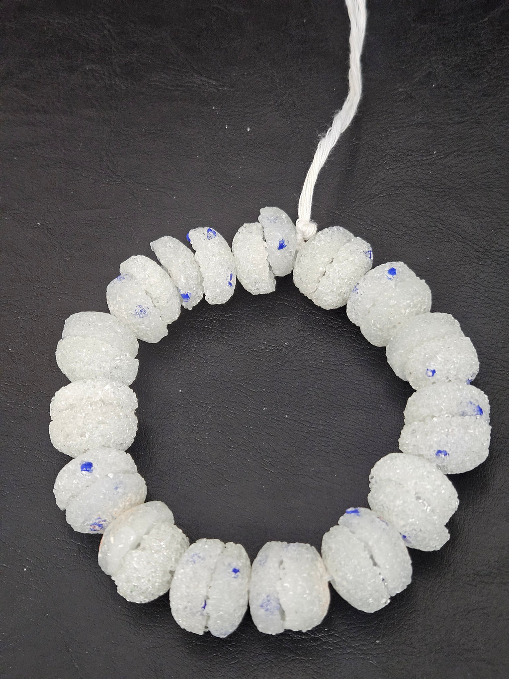 White & Blue Speckled Krobo Sugar Glass Rondelle Beads | Handcrafted Recycled Glass Beads from Ghana | Approx. 30 Beads Per Strand