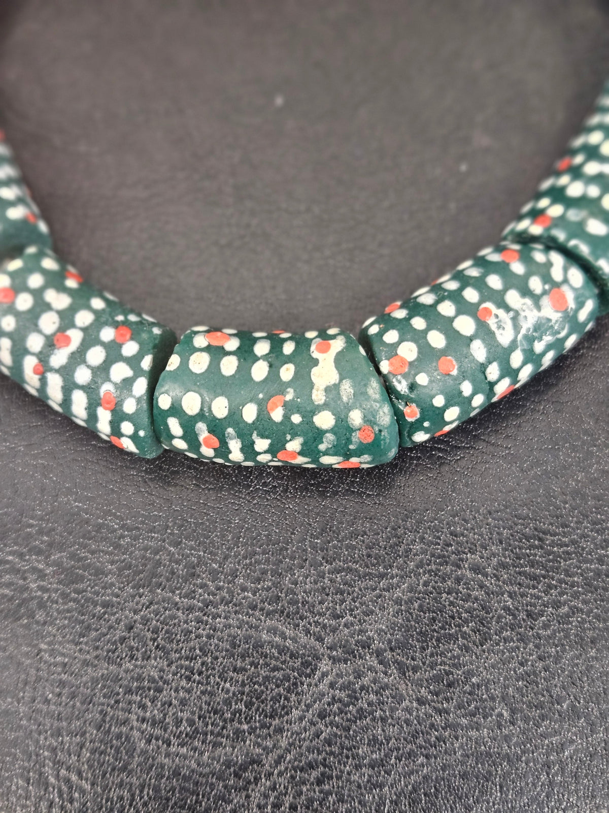 Painted Krobo Glass Beads | Green Red & White Polka Dot Long Tube Beads | Handcrafted Ghana Recycled Glass Beads