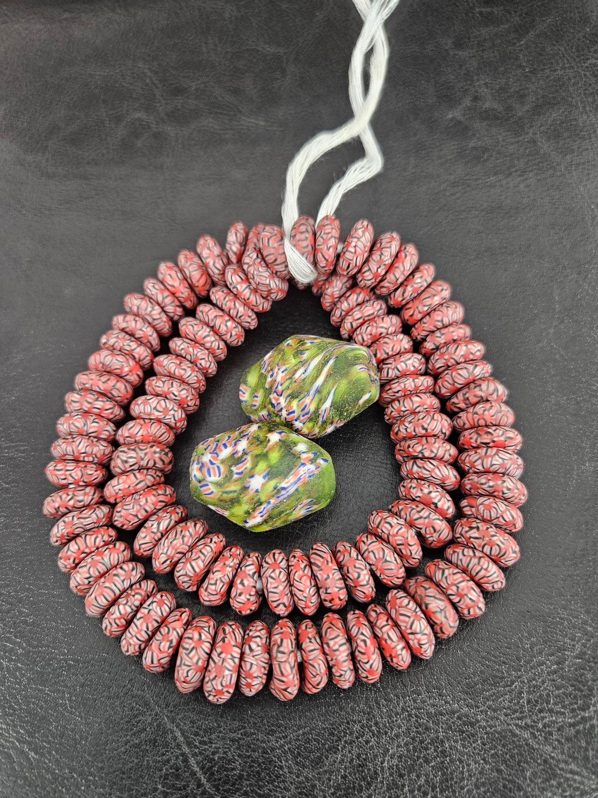 African Glass Bead Bundle – Coral Krobo Rondelles + Green Focal Beads