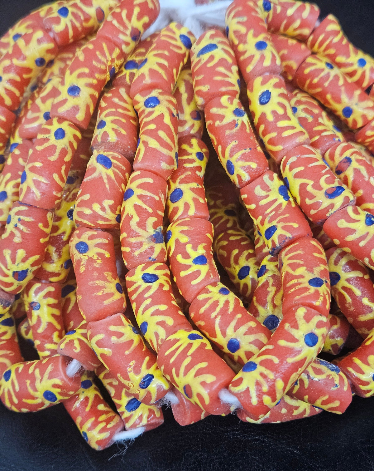 Painted Krobo Glass Tube Beads | Coral Orange Recycled Glass Tube Beads | Handmade in Ghana | 13–14×26–30mm