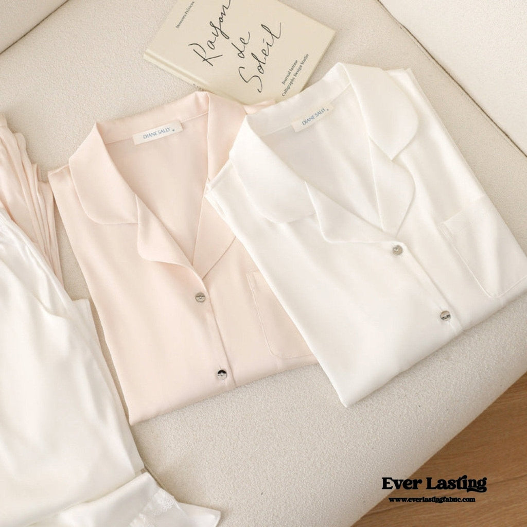 Silky Lace Ruffle Long Sleeves and Pants Pajama Set / White