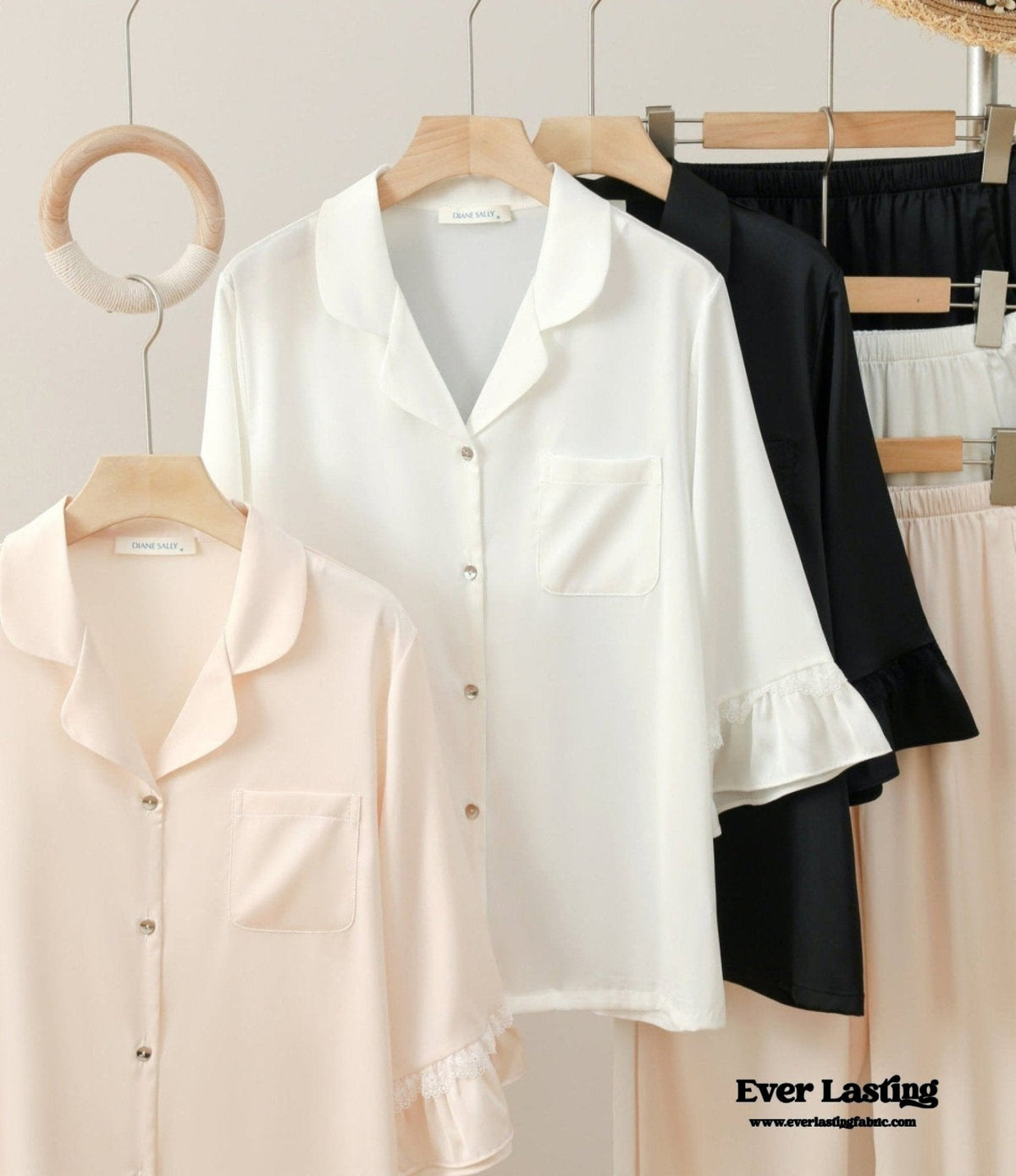 Silky Lace Ruffle Long Sleeves and Pants Pajama Set / White