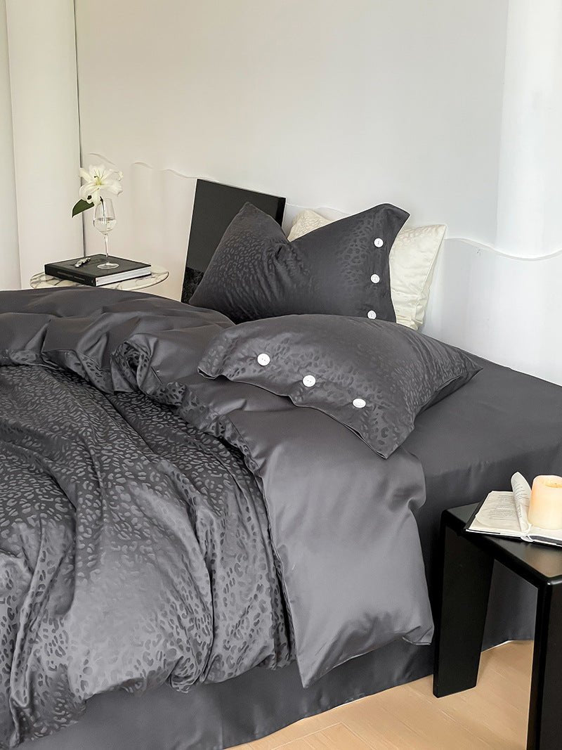Silky Leopard Buttoned Bedding Set / Baby Pink