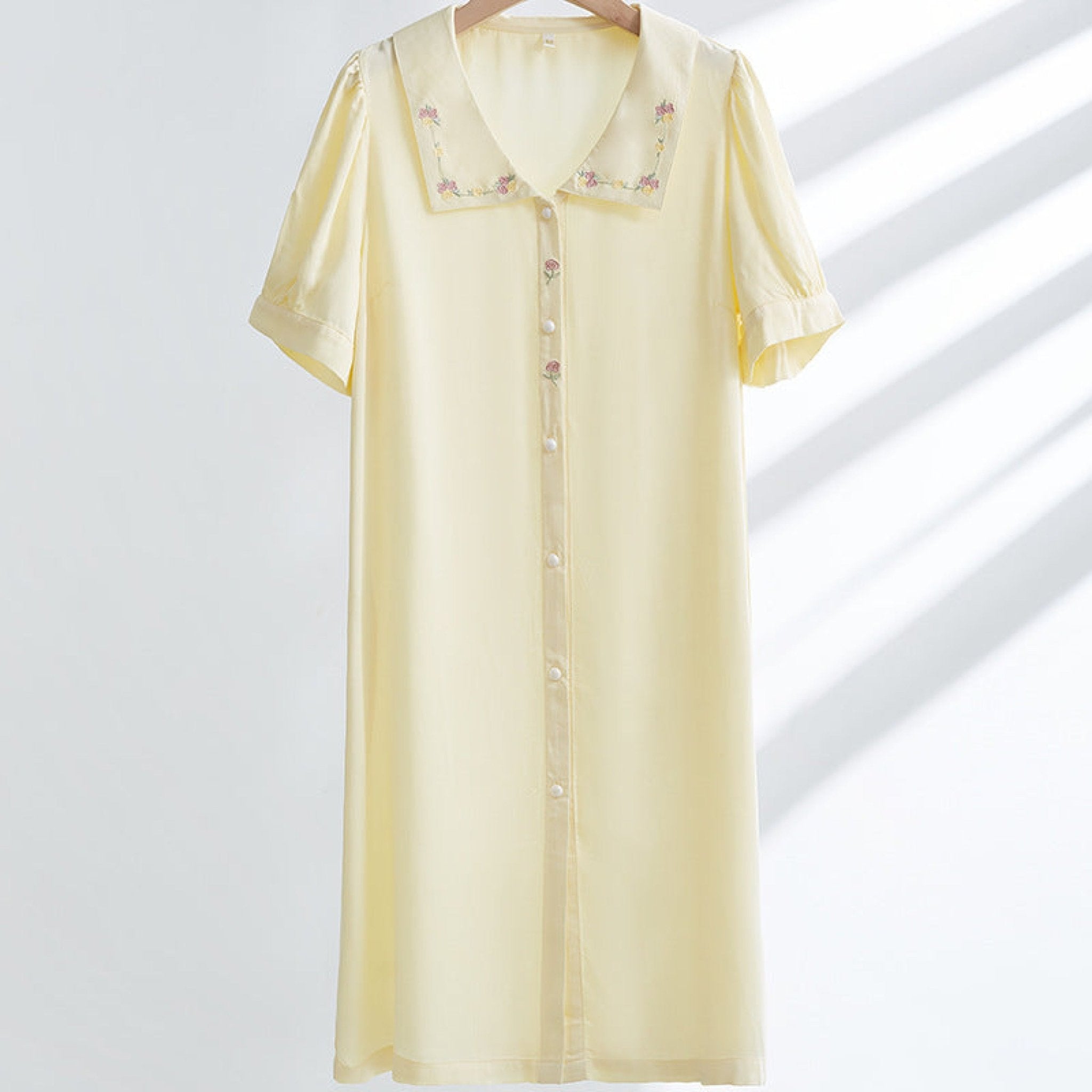 Silky Rose Cream Yellow Embroidered Nightgown Dress