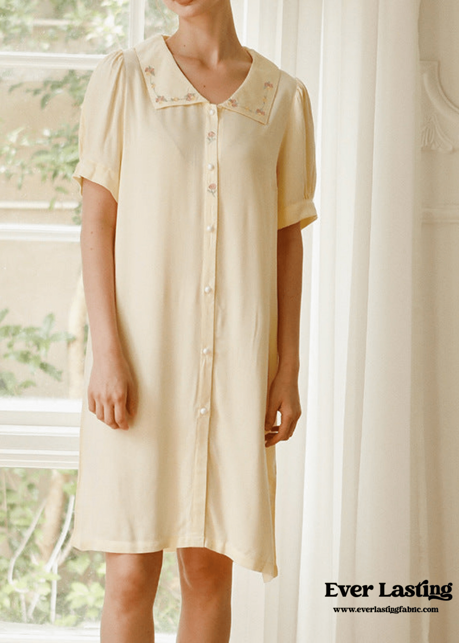 Silky Rose Cream Yellow Embroidered Nightgown Dress
