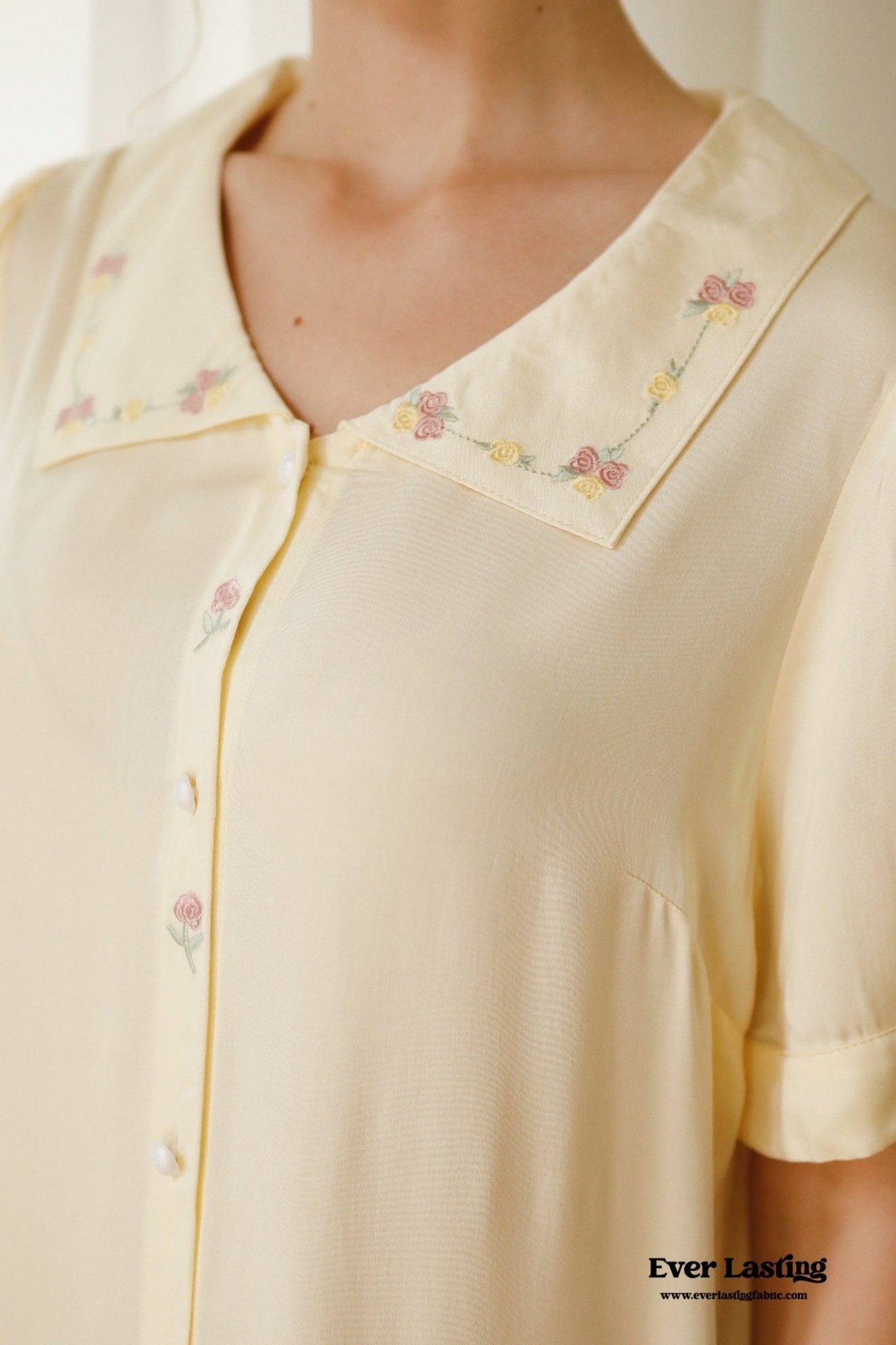 Silky Rose Cream Yellow Embroidered Nightgown Dress