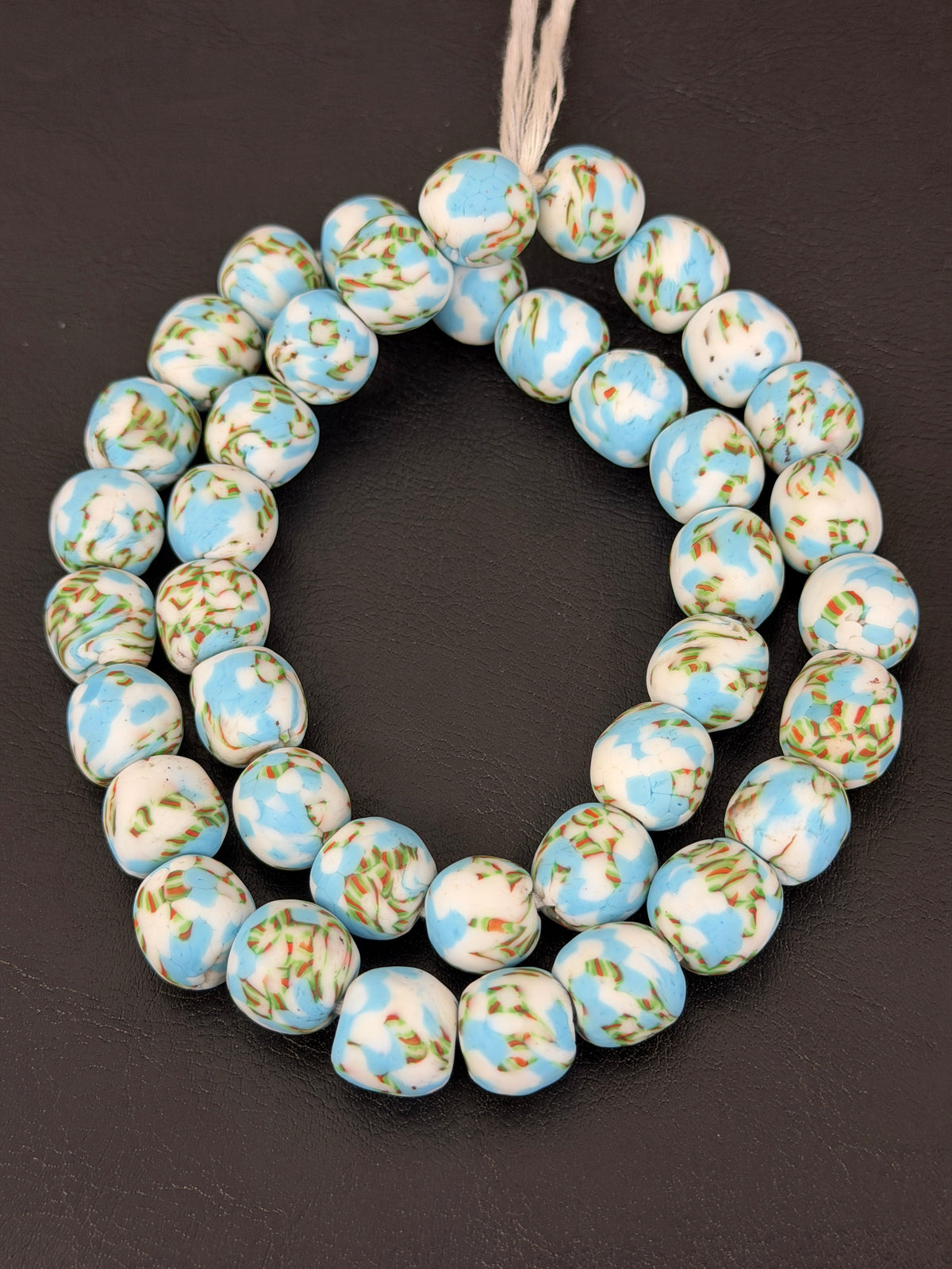 Sky Blue & Ivory Fused Krobo Recycled Glass Beads 12–14mm | Handmade African Glass Beads from Ghana | 44 Beads Per Strand