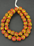 Fused Krobo Recycled Glass Beads 12–14mm | Crimson Red Yellow Handmade African Glass Beads from Ghana