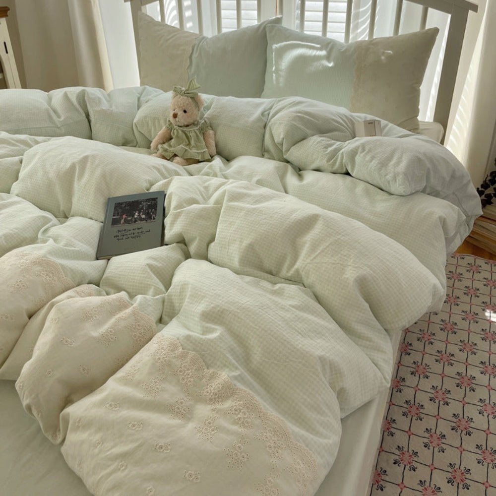 Sophia Gingham Lace Washed Cotton Bedding Set / Ocean Blue