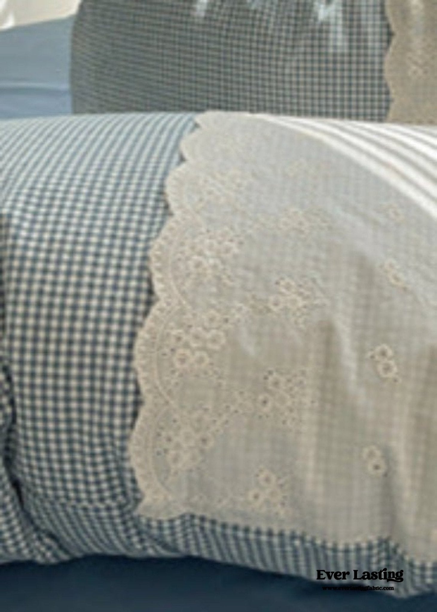 Sophia Gingham Lace Washed Cotton Bedding Set / Blue