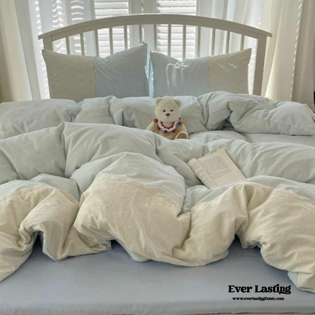 Sophia Gingham Lace Washed Cotton Bedding Set / Blue