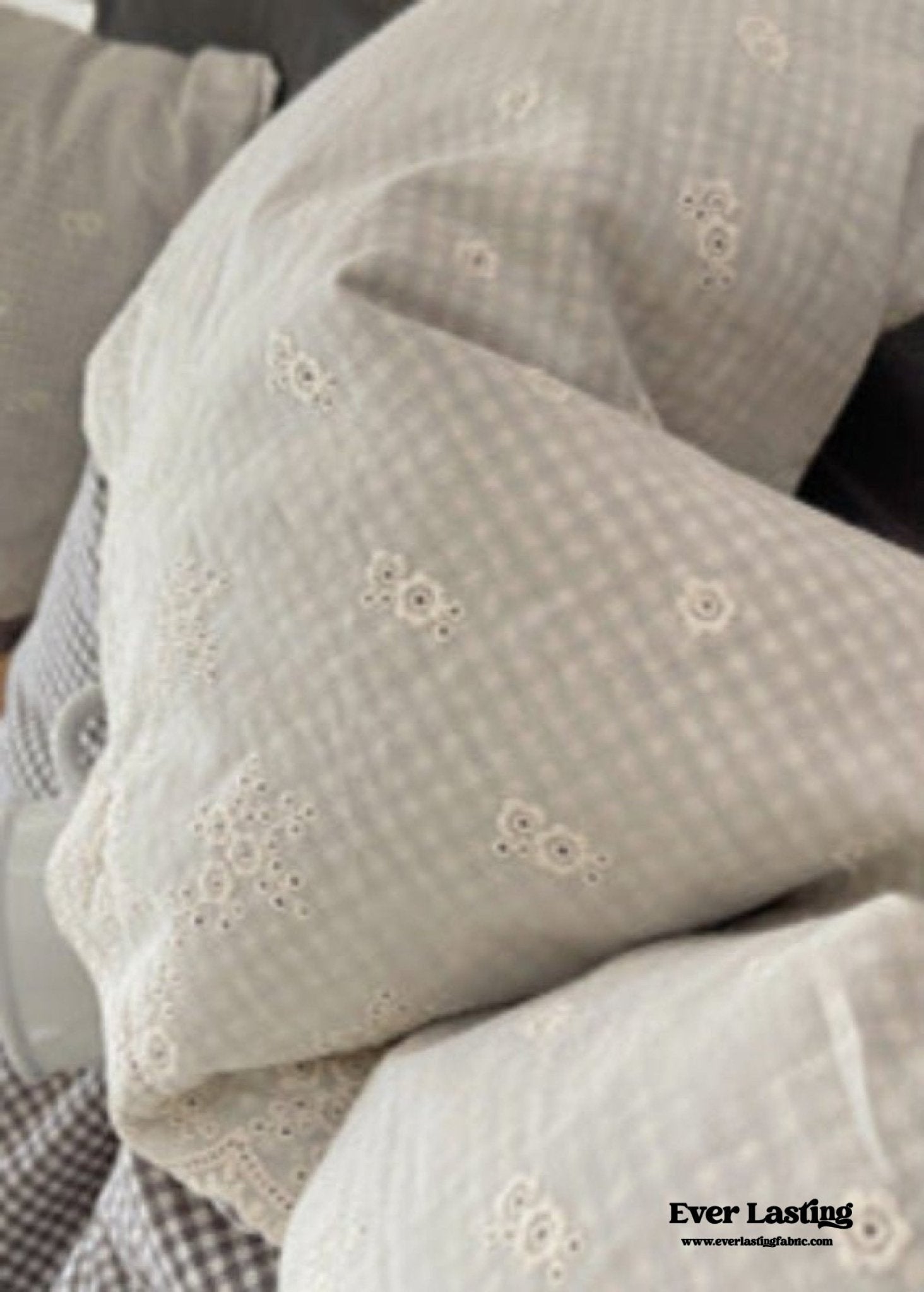 Sophia Gingham Lace Washed Cotton Bedding Set / Blue