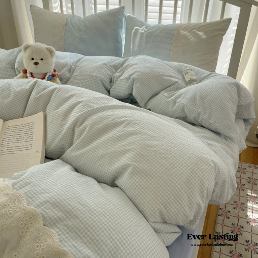 Sophia Gingham Lace Washed Cotton Bedding Set / Blue