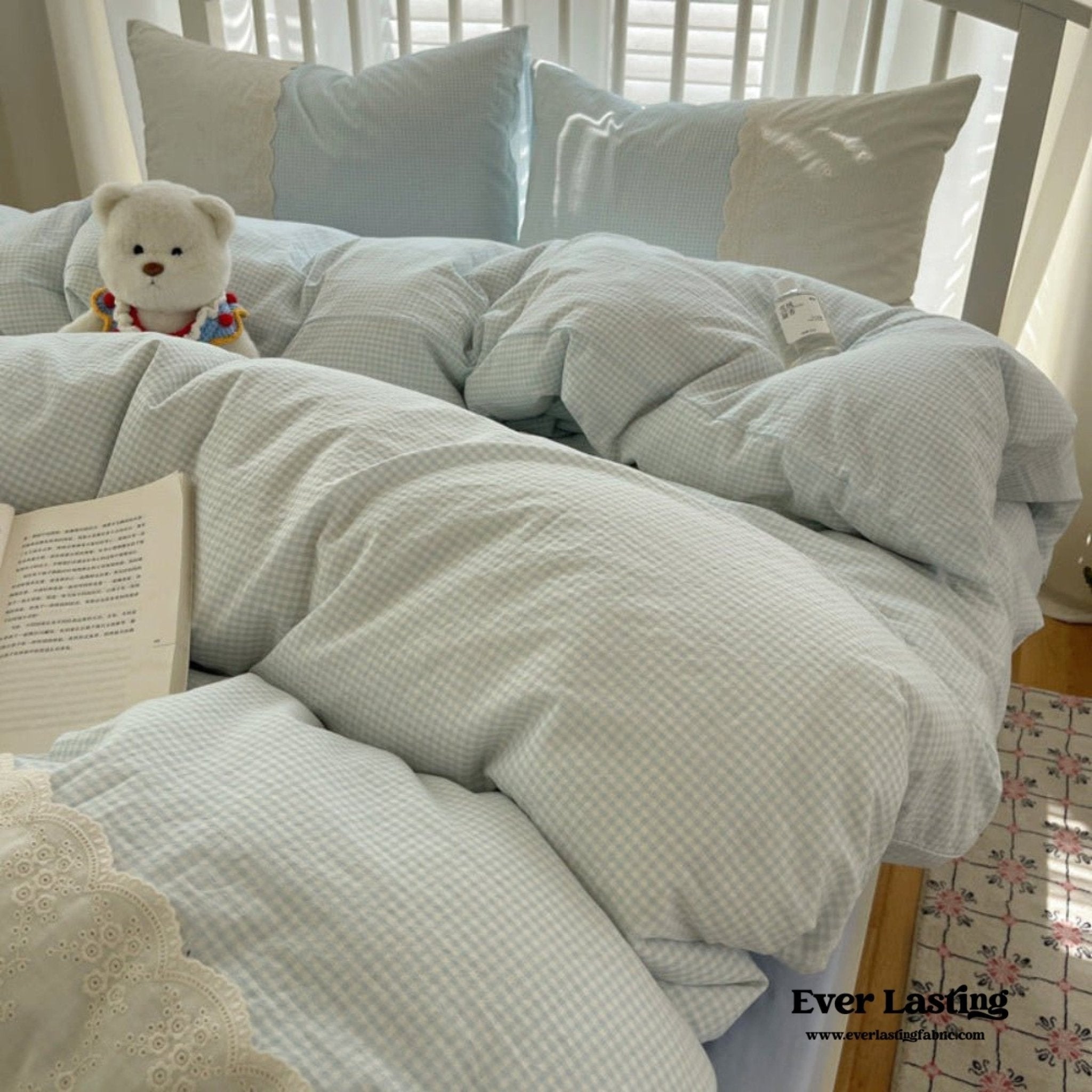 Sophia Gingham Lace Washed Cotton Bedding Set / Blue