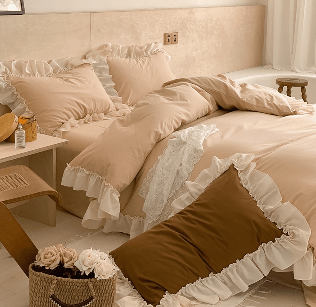 Vintage Earth Tone Large Ruffle Bedding Set / Royal Blue