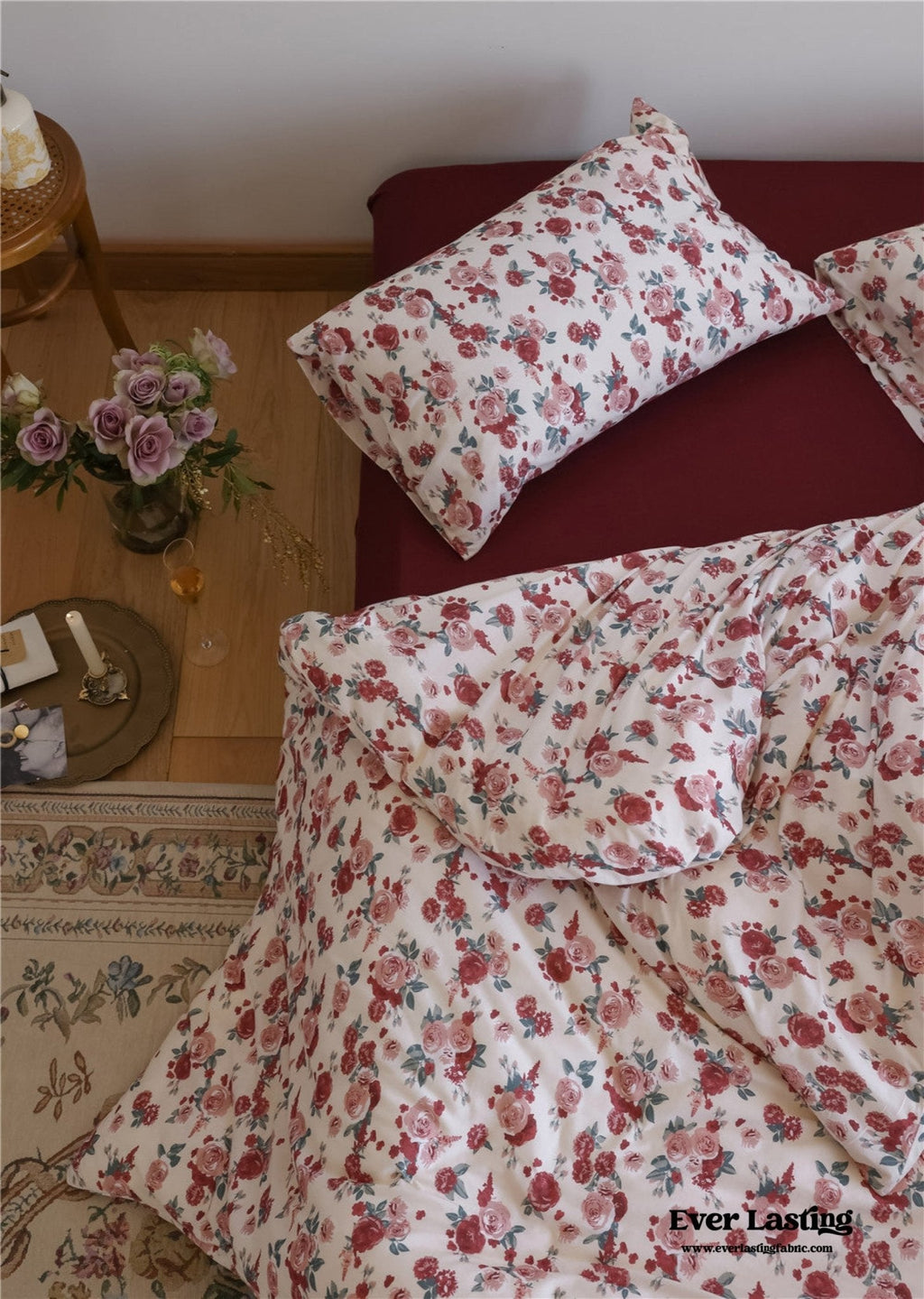 Vintage Floral Jersey Knit Bedding Set / Maroon Red