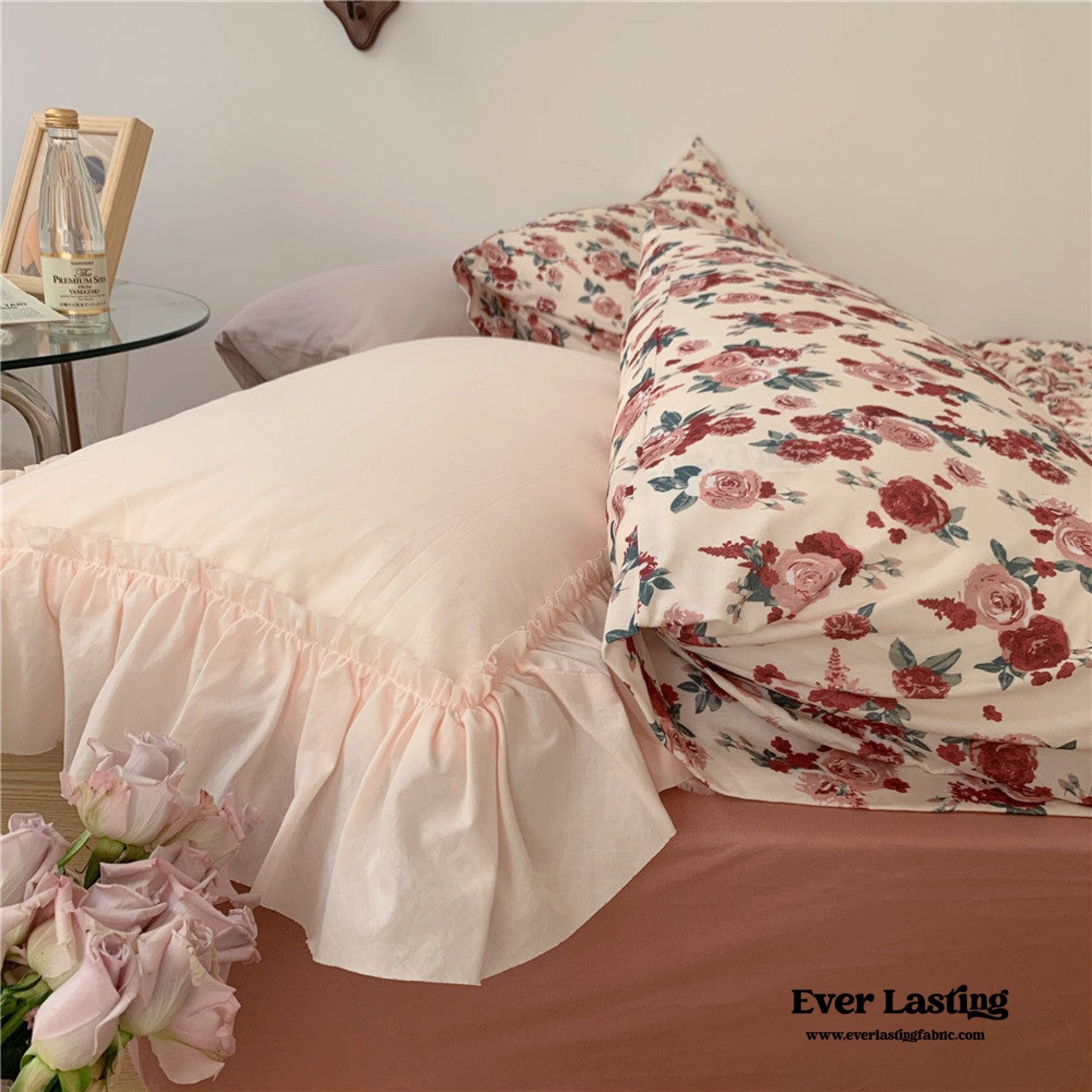 Vintage Floral Jersey Knit Bedding Set / Rust Pink