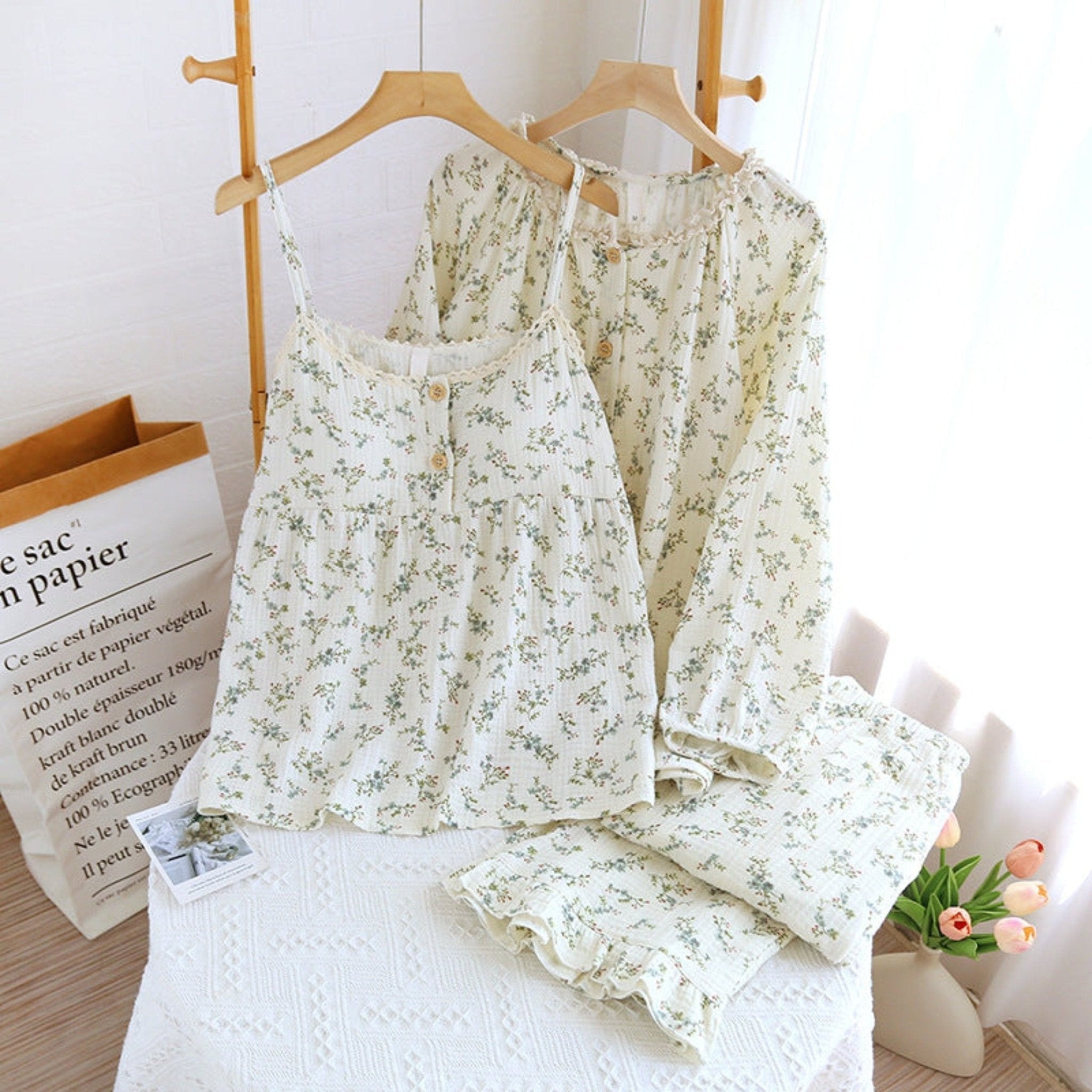 Vintage Floral Tank Cardigan and Long Pants Pajama Set / Yellow