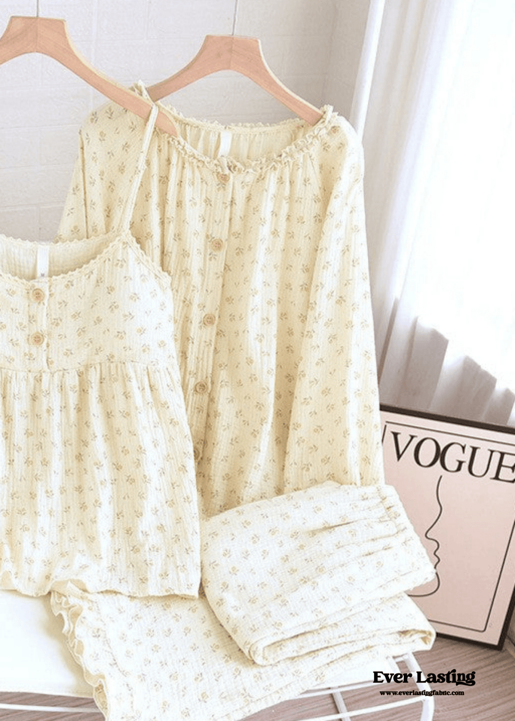 Vintage Floral Tank Cardigan and Long Pants Pajama Set / Yellow