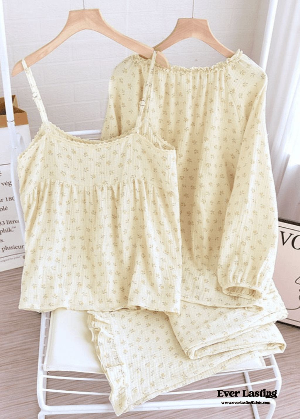 Vintage Floral Tank Cardigan and Long Pants Pajama Set / Yellow