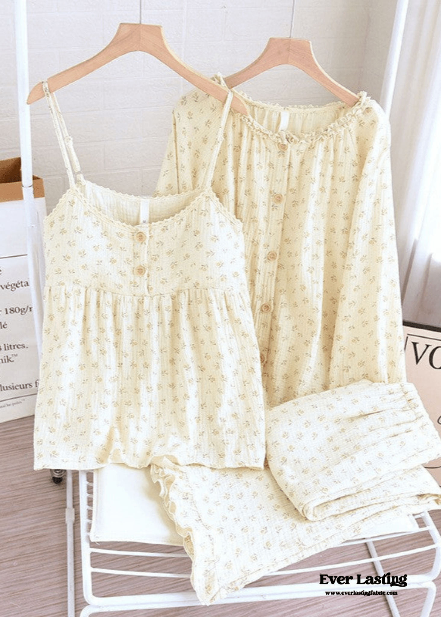 Vintage Floral Tank Cardigan and Long Pants Pajama Set / Yellow