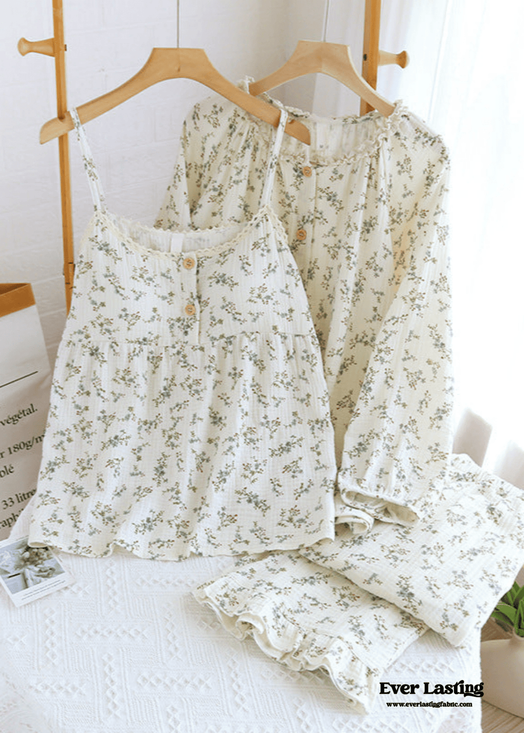 Vintage Floral Tank Cardigan and Long Pants Pajama Set / Yellow